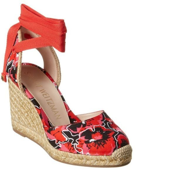 Stuart Weitzman Marguerita Floral Print Canvas Wedge Sandal (8.5)
